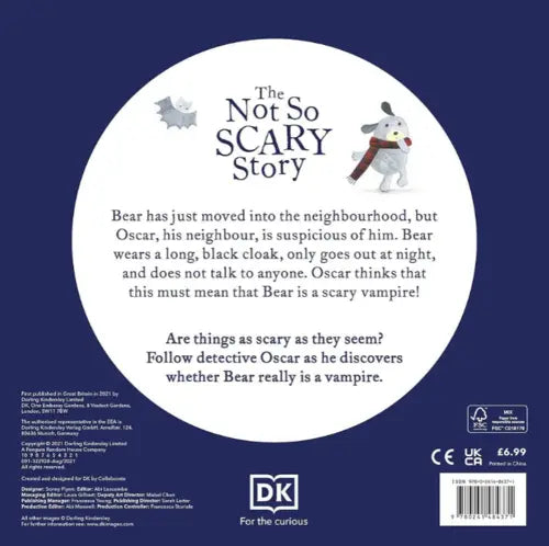 Back cover of a book titled 'The Not So Scary Story' with text and illustrations on a blue background.