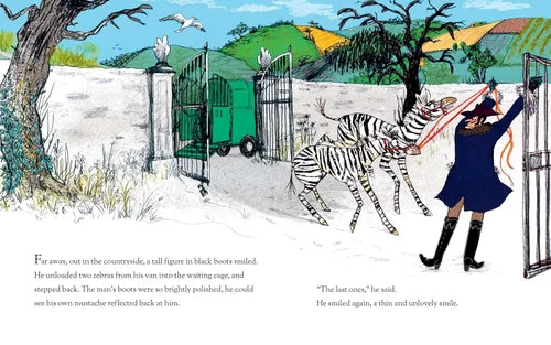 Illustration of a zebra being led by a person through a gate with text overlay