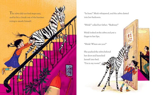 Illustrations from a children's book with a zebra and a girl on a staircase.