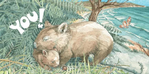 Illustration of a wombat and baby by a river with 'YOU!' text overlay.