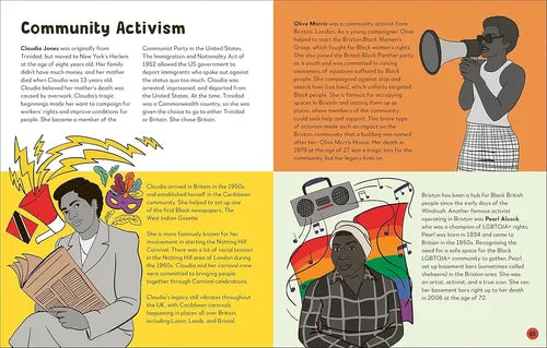 Illustrated book page about community activism featuring images and text.