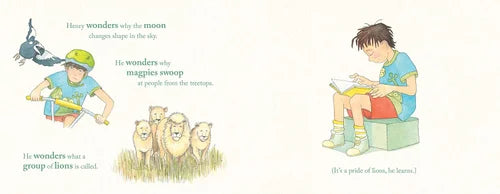 Illustration of a child reading a book with animals and text about wonderings.