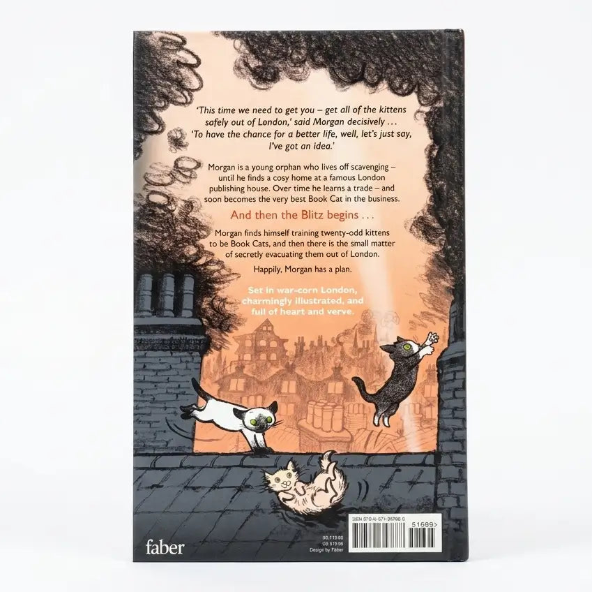 Book back cover with illustrations of cats and text on a white background
