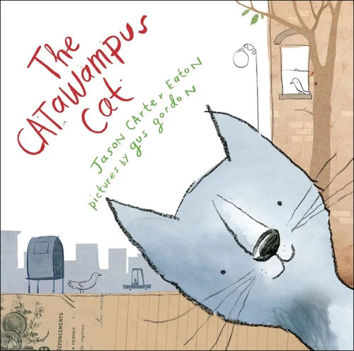 Book cover of 'The CATawampus Cat' with a blue cat illustration and cityscape background.