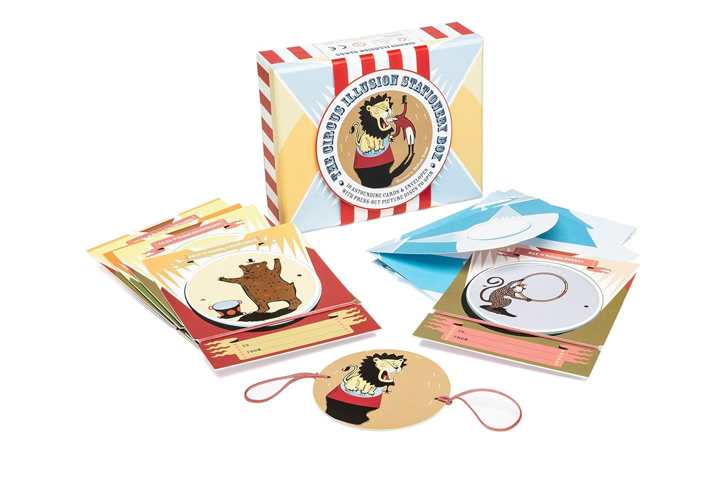 Set of greeting cards with circus-themed designs on a white background