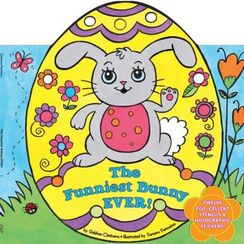 Book cover of 'The Funniest Bunny EVER!' with a cartoon bunny in an egg, flowers, and text.