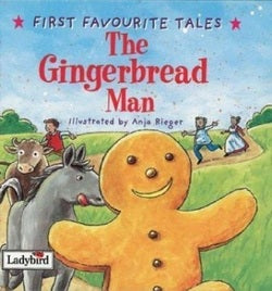 Book cover of 'The Gingerbread Man' with a gingerbread man character and children on donkeys.