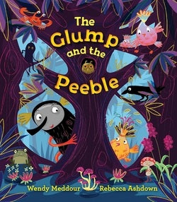 Book cover of 'The Glump and the Peeble' with colorful illustrations on a dark background.