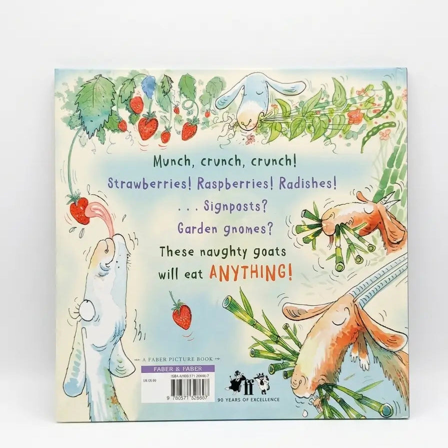 Book cover with illustrations of goats and vegetables on a white background