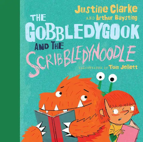 Book cover of 'The Gobbledygook and the Scribbledynoodle' with cartoon characters on a teal background