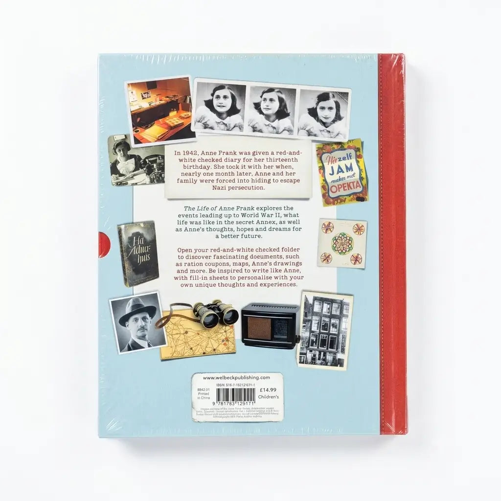 Back cover of the book 'Anne Frank: The Diary of a Girl Who Lived' on a white background. The cover features a light blue background with various black-and-white photos, a red spine, and a collage of historical elements including a ticket of passage and a map.