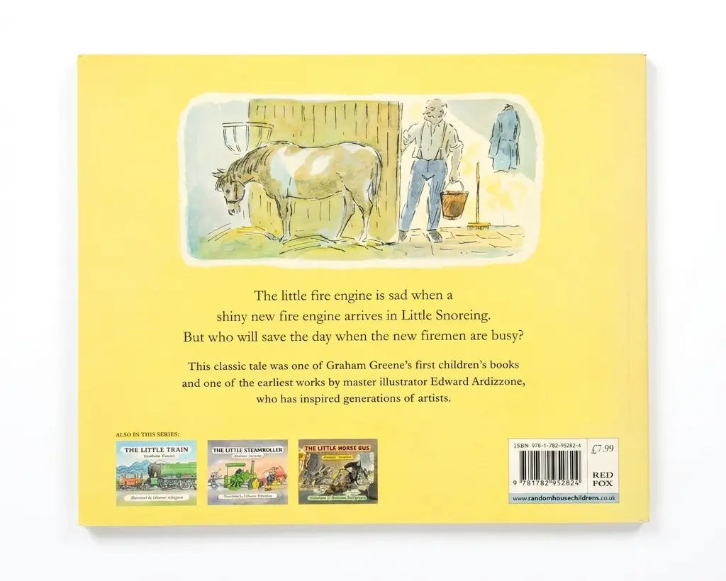 The back cover of a children's book titled 'The Little Fire Engine' on a white background. The cover is pale yellow with an illustration of a fire engine and a man at a stable, plus a short story and barcode.