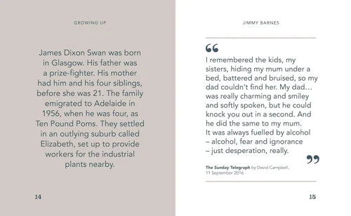 Text excerpt from a book or magazine with a quote by Jimmy Barnes on a white background.