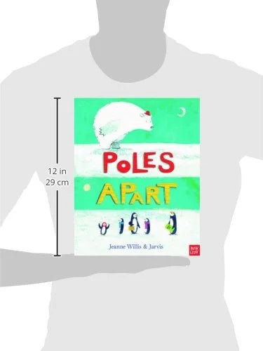 Book titled 'Poles Apart' by Jeanne Willis and Júlia by a person wearing a white t-shirt.