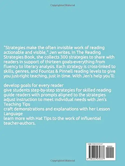 Book back cover with text about reading strategies and a barcode on a blue background
