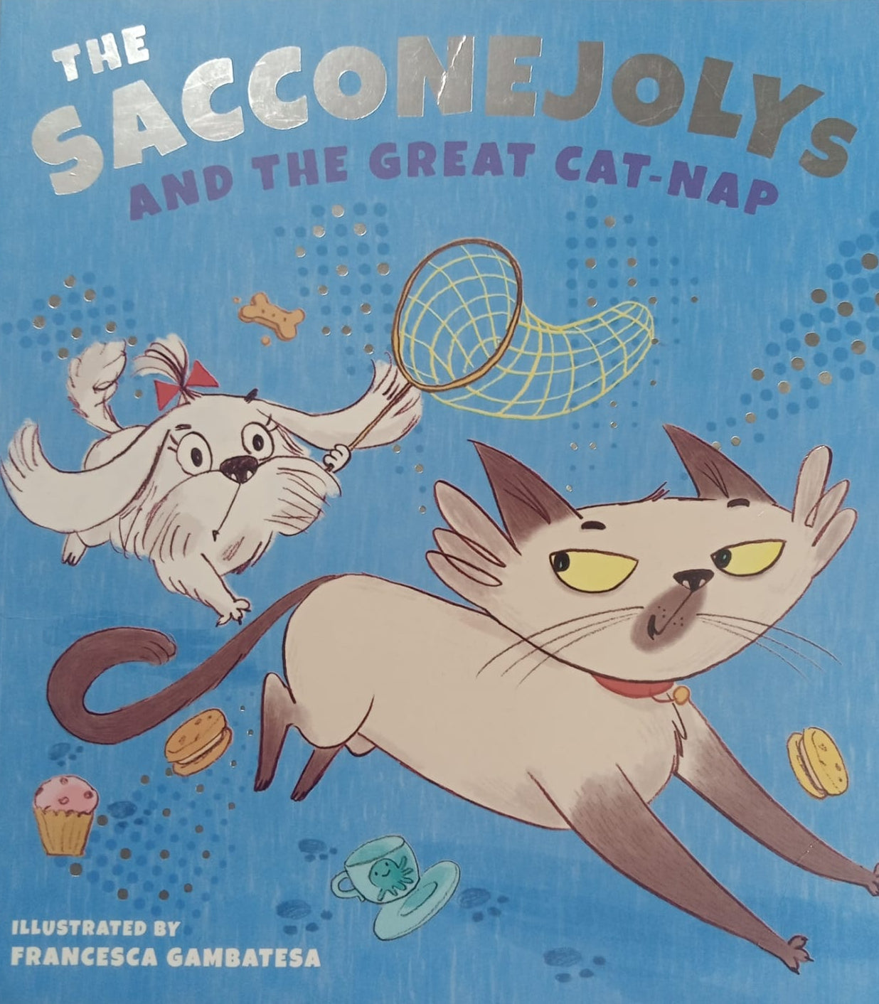 Cover of the book 'The Saccomejolys and the Great Cat-Nap' featuring illustrations of a dog and a cat playing with a frisbee and a string toy, with a blue background.