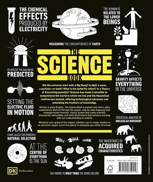 Cover of 'The Science Book' with various scientific illustrations and text on a black background.