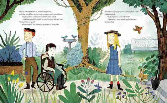 Illustrated children's book page with characters in a garden setting.