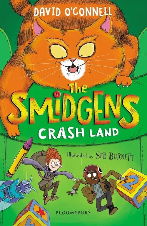 Book cover of 'The Smidgens Crash Land' with a cartoon cat and three children on a green background.