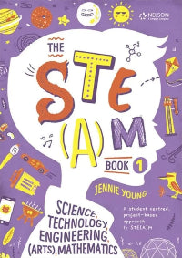 Book cover of 'The STEM (A)M Book 1' by Jennie Young with colorful text and illustrations on a purple background.