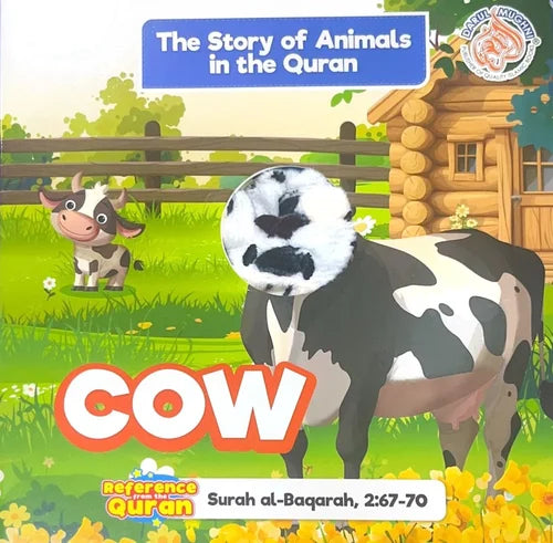 Book cover of 'The Story of Animals in the Quran' focusing on the cow, with a cartoon cow and a real cow in a pastoral setting.