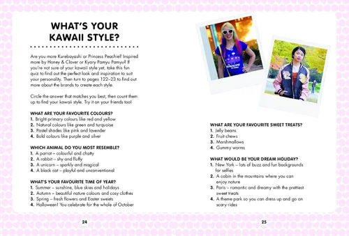 Kawaii style quiz with photos and text on a pink background