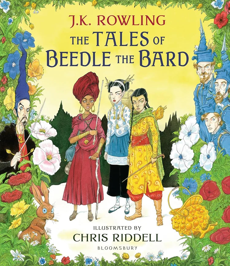 Book cover of 'The Tales of Beedle the Bard' with illustrated characters and colorful design.