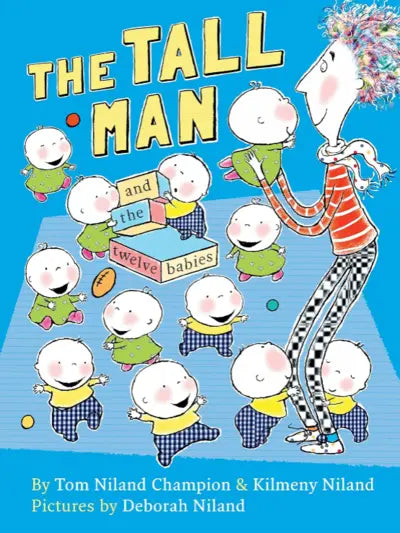 Book cover of 'The Tall Man and the Twelve Babies' with a cartoon character and babies on a blue background.
