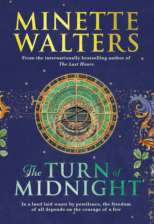Book cover of 'The Turn of Midnight' by Minette Walters with astrological symbol and decorative elements on a blue background.