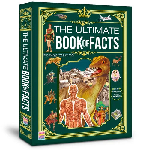 Book titled 'The Ultimate Book of Facts' with illustrations on a green background