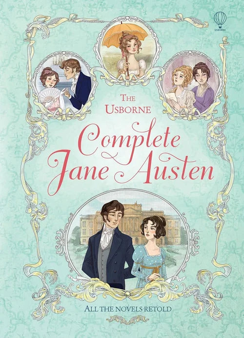Book cover of 'The Usborne Complete Jane Austen' with illustrations of characters and a light blue background.