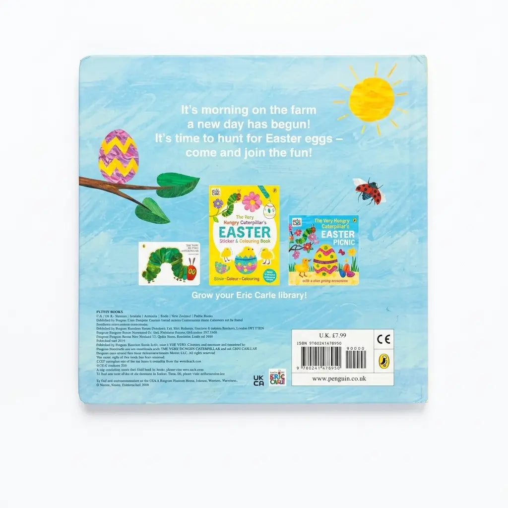 The back cover of a children's hardboard book featuring a light blue background with Easter-themed illustrations, including a sun, egg, caterpillar, and small books titled 'The Very Hungry Caterpillar' and 'Easter' by Puffin.