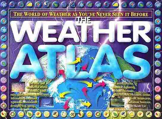 Book cover of 'The Weather Atlas' with colorful design and text.