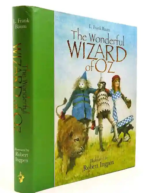 Book cover of 'The Wonderful Wizard of Oz' with characters and green spine.