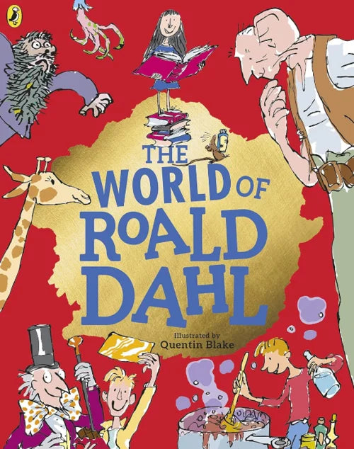 Book cover of 'The World of Roald Dahl' with illustrations on a red background