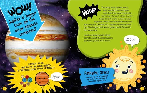 Educational illustration about Jupiter and the solar system with colorful text and graphics.