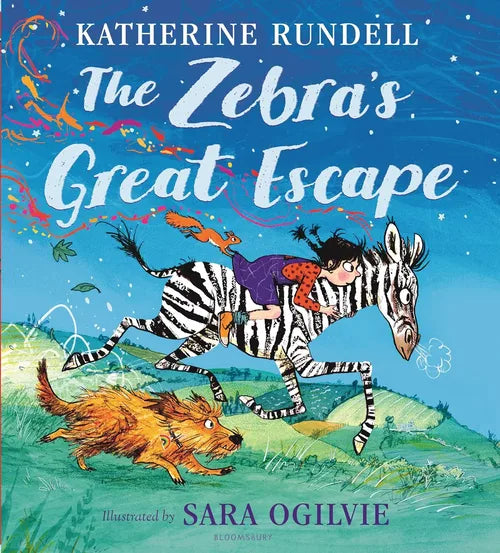 Book cover of 'The Zebra's Great Escape' with a zebra and child running, and a dog chasing them.