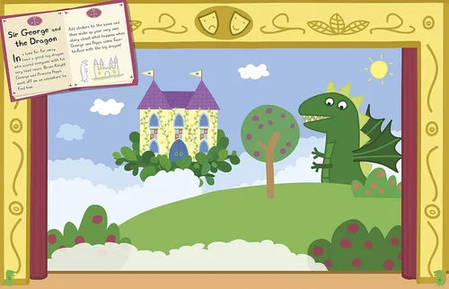 Cartoon dragon in a garden with a castle in the background, framed as a book illustration.