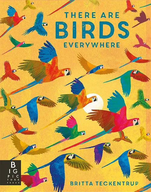 Book cover with colorful birds and text 'There Are Birds Everywhere' by Britta Teckentrup on a yellow background.