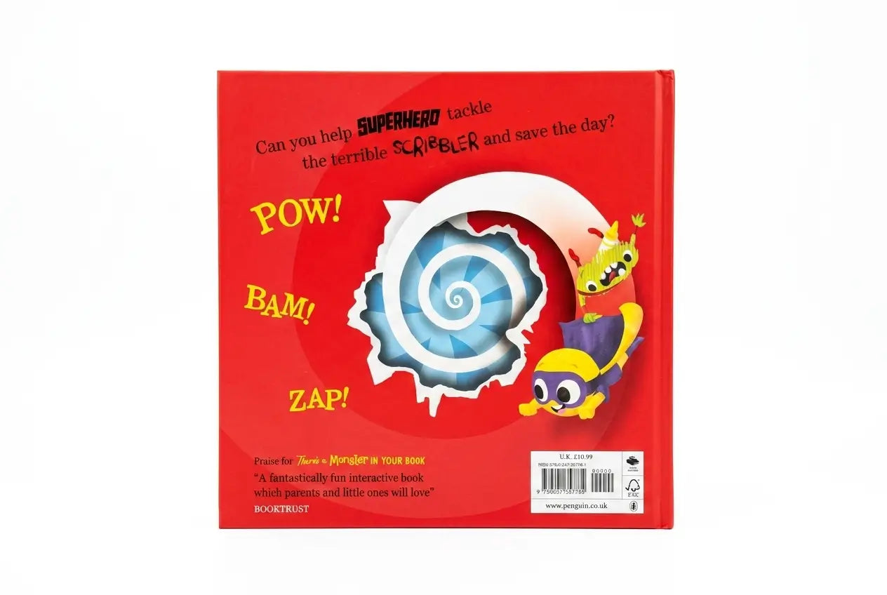Red book cover with superhero-themed illustrations and text on a white background