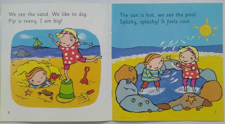 Children book open to two pages with beach scenes and text.