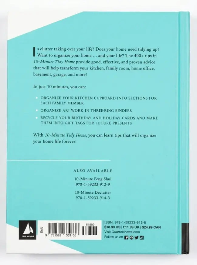 Back cover of a book with text on organization tips and contact information.