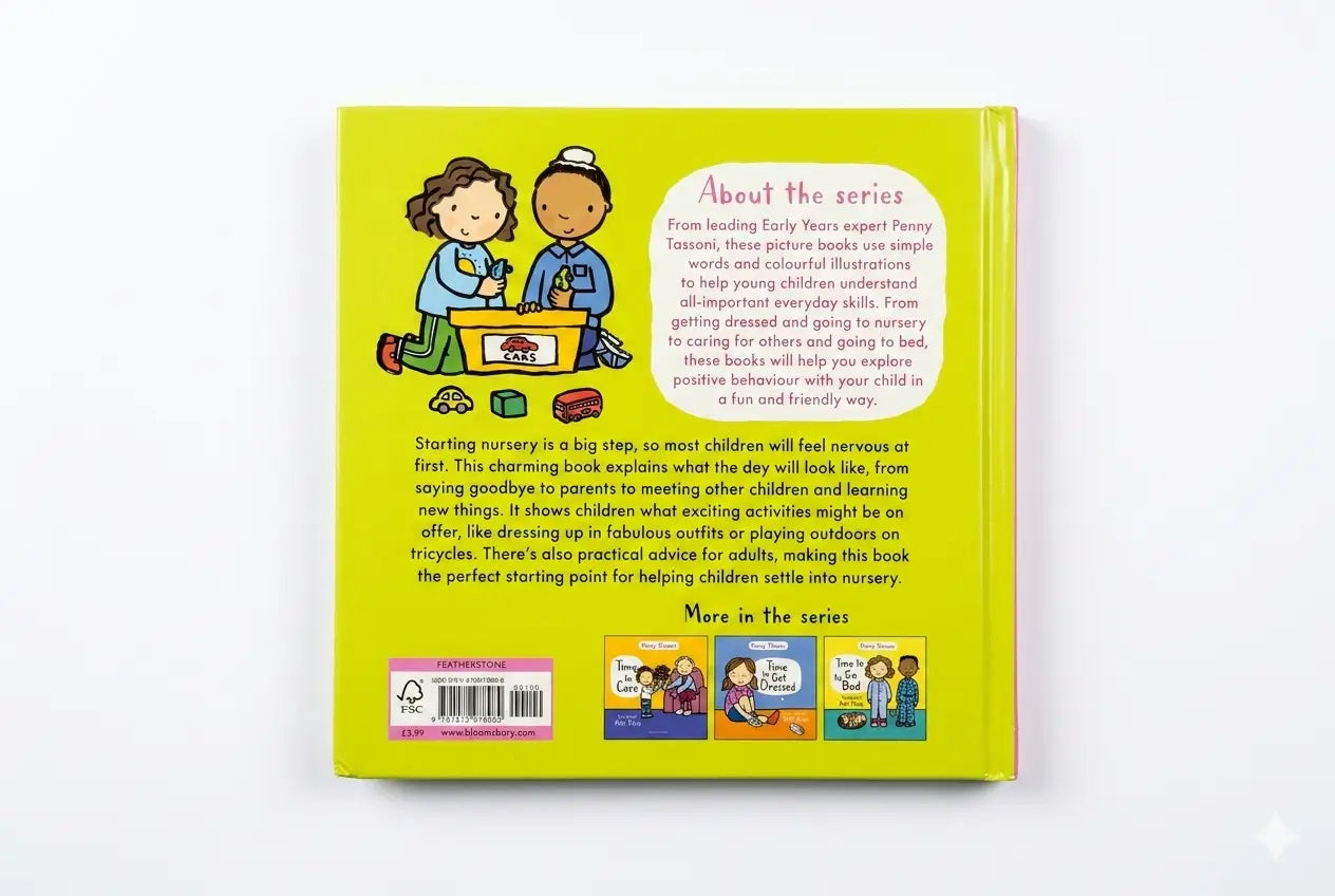 Back cover of a children's book with illustrations and text on a white background