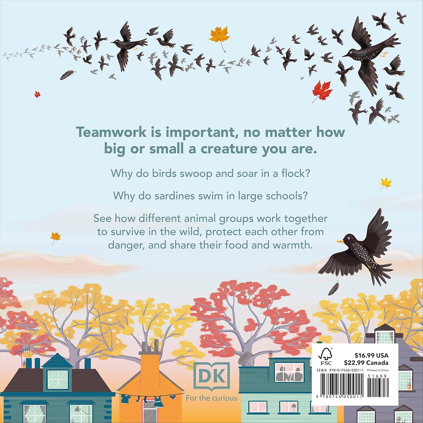 Book page with illustrations of birds and trees, featuring text about teamwork and animal behavior.