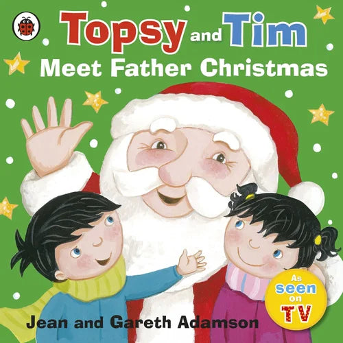 Book cover of 'Topsy and Tim Meet Father Christmas' with illustrations of Santa Claus and two children on a green background.