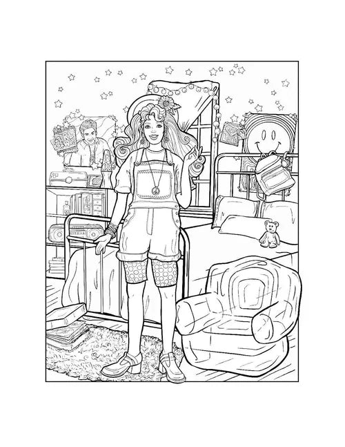 Black and white line drawing of a girl in a bedroom with furniture and toys.