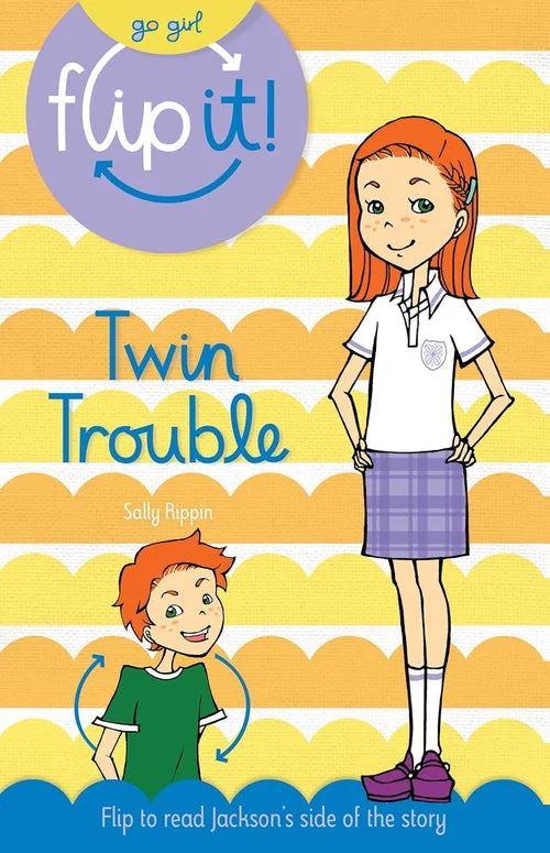 Book cover of 'Twin Trouble' from the 'go girl flip it!' series with two characters and a colorful background.
