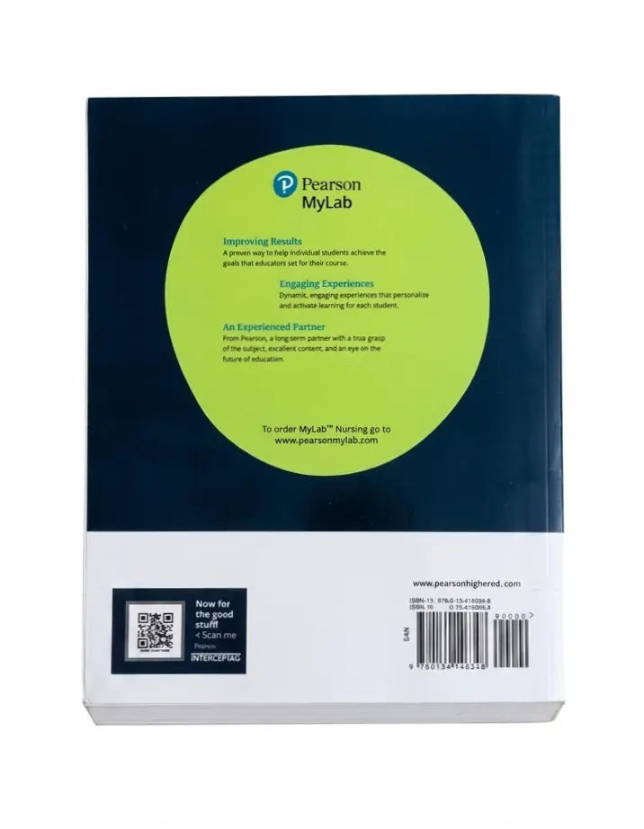 Back cover of a Pearson MyLab nursing textbook, featuring a dark navy blue top section with a large lime green circular graphic, and a white bottom section with a barcode, QR code, and website text.