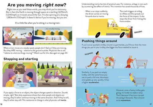 Educational page from a book explaining inertia with illustrations and text.