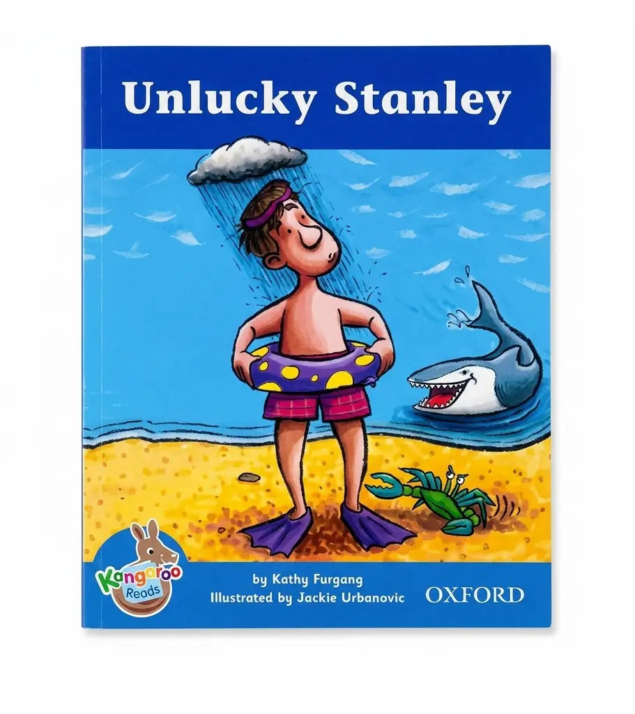 Children's book cover titled 'Unlucky Stanley' showing a cartoon beach scene with a boy standing in rain, a shark, and a crab. The cover has blue title and author bands, with Oxford and Kangaroo Books logos visible.